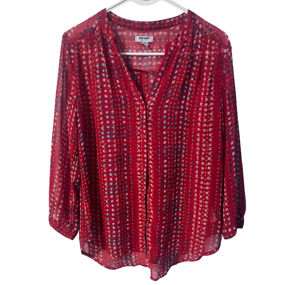 Old Navy Womens Red‎ Abstract Polka Dot Chiffon Blouse Size M 3/4 Sleeve